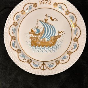 Spode 1972 Christmas Plate Gold Blue Nautical Fish Anchors 3 Ships A Sailing